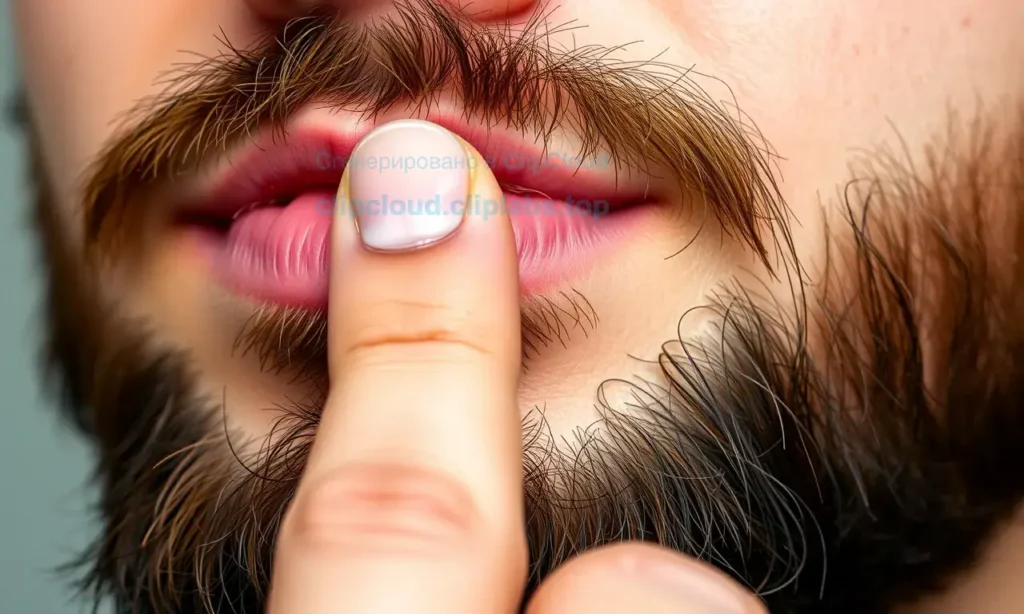 A close-up of a well-groomed man's beard with a small amount of wax applied, showing the wax being carefully shaped and smoothed with a fingertip, natural lighting, realistic skin texture, detailed facial hair strands, no text or symbols on the face, no words or numbers visible