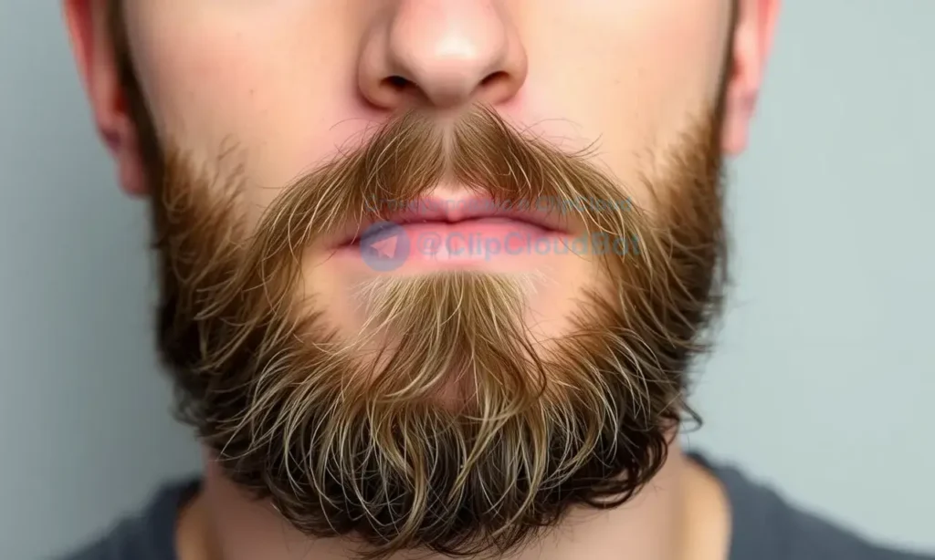 A close-up portrait of a man with a styled beard that appears slightly messy and unkempt after about an hour, showing stray hairs, uneven texture, and a subtle loss of shape, set against a neutral background to highlight the beard condition