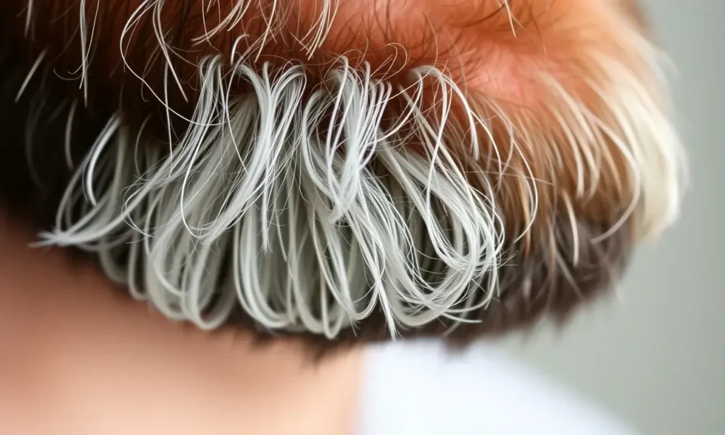 A close-up view of a human beard with visible roots that are darker in color, transitioning to lighter tips at the ends. The beard should appear natural and well-groomed, with individual hairs clearly defined. The background should be neutral and blurred to focus attention on the beard. No text, numbers, or letters should be present in the image.