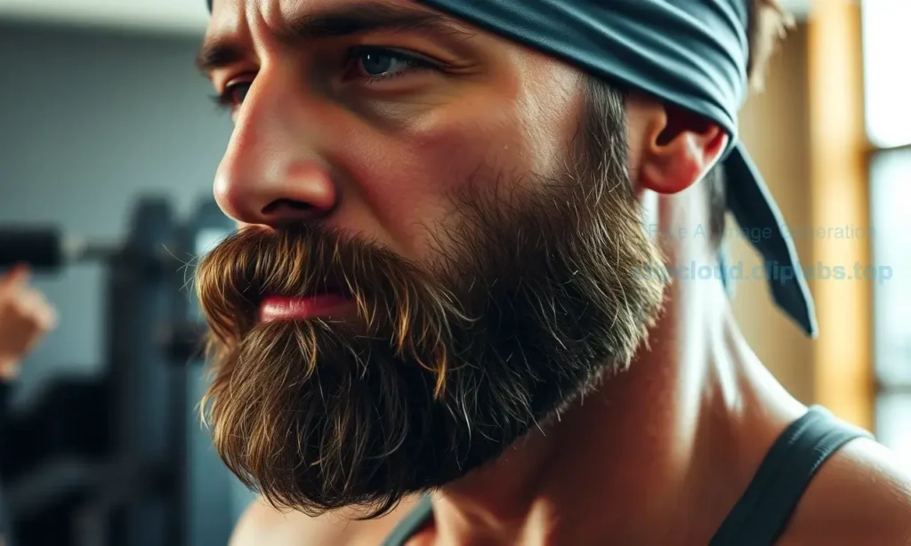 A close-up of a man's well-groomed beard during a workout, with light sweat visible on the skin beneath the beard, wearing a sports headband and athletic clothing, in a bright gym environment with blurred fitness equipment in the background, natural lighting, high detail, realistic skin and hair texture