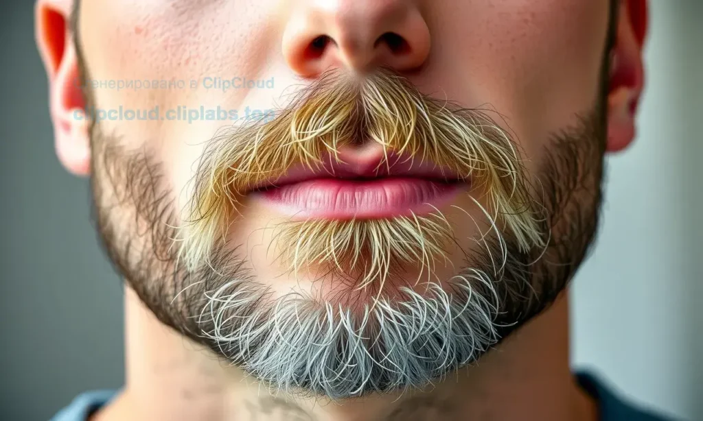 A close-up of a man's face showing a thin beard after illness, with a subtle overlay of a healthy, fuller beard growing back, symbolizing restoration of beard density, professional grooming context, high detail, natural lighting