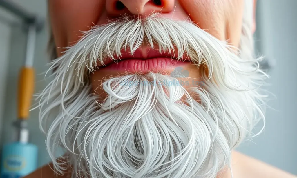 A close-up of a well-groomed elderly man with a silver-gray beard, natural lighting highlighting the beard texture without any artificial coloring, clean bathroom background, realistic skin tones, no text or symbols on the beard, high detail, sharp focus