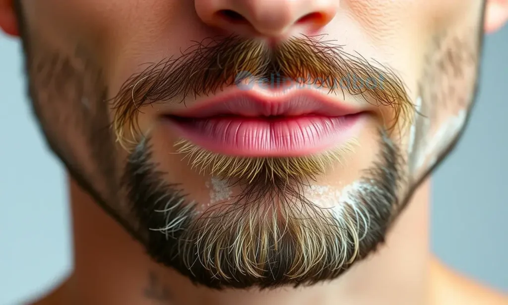 A close-up realistic photograph of a man's face showing a newly emerging beard after shaving, with fine hair strands visible on the jawline and chin, natural skin texture, soft lighting, high detail, no text or symbols on the face
