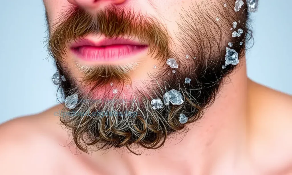 A close-up of a man's face with a beard, showing dry and flaky skin under the beard after taking a shower. The skin should appear slightly red and irritated, with visible flakes. The beard should be well-groomed but with some areas where the skin is exposed due to the flakiness. The background should be neutral and not distracting, focusing on the skin condition.