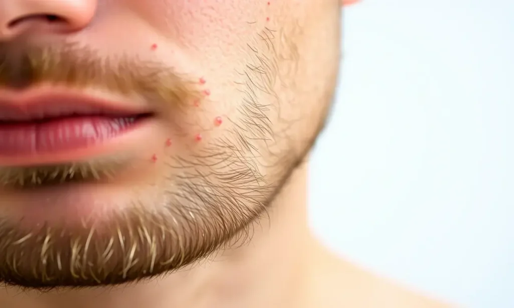 A close-up of a man's beard area showing skin with small red pimples and acne, clean and well-groomed beard, natural lighting, realistic skin texture, no text or symbols on skin, professional dermatological setting background