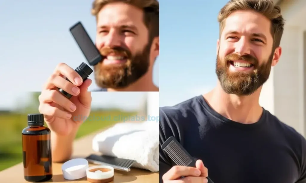 A well-groomed man with a beard, standing outdoors in a sunny environment, demonstrating proper beard care. He is using a beard oil or balm to keep his beard clean and fresh. The scene includes a bottle of beard oil, a comb, and a towel. The man is smiling, indicating confidence and good hygiene.