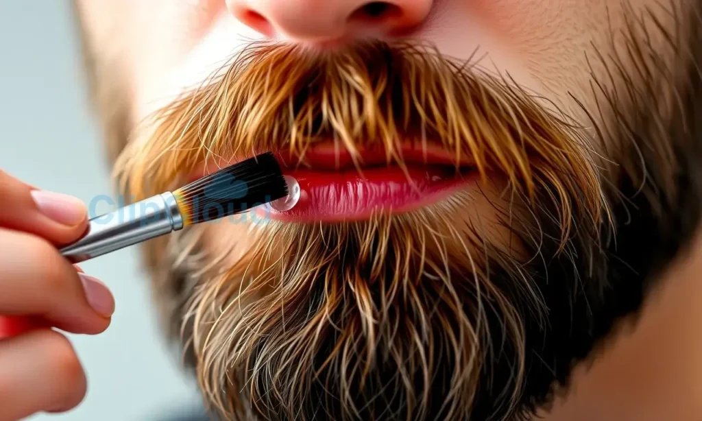 A close-up of a well-groomed man's beard with visible droplets of clear beard wax being carefully applied using a small applicator brush, showing precise dosing on individual hair strands, natural lighting, high detail, realistic skin texture, professional grooming setting