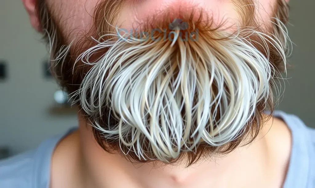 A person with a beard experiencing itching and dryness under the beard area. Show the skin under the beard with visible redness, dry patches, and slight irritation. Include a close-up view of the beard and skin, with a natural and realistic style. Avoid any text, numbers, or letters in the image.