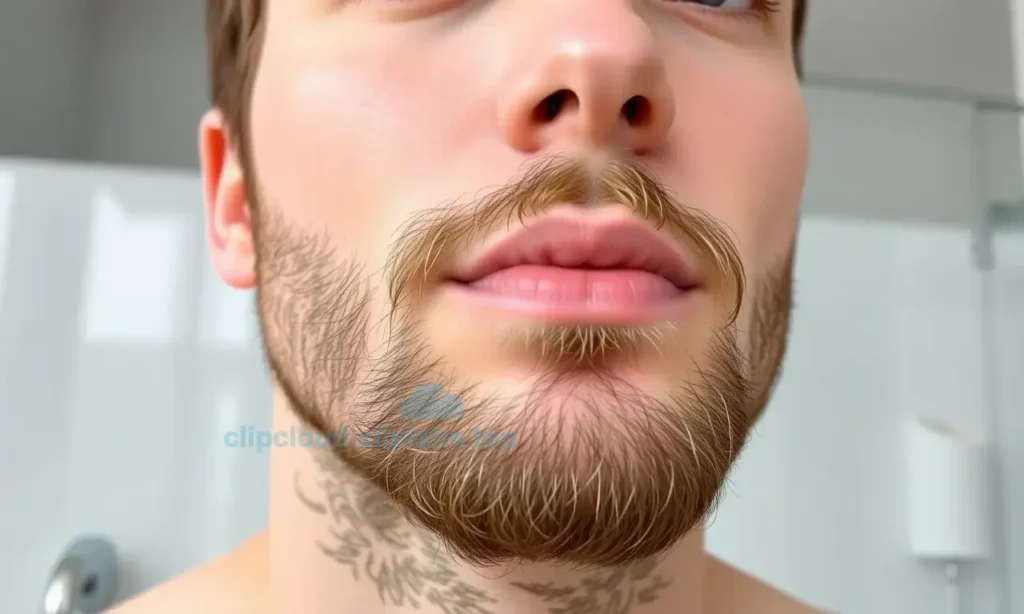 A person with freshly trimmed beard and mustache, showing smooth skin around the jawline and upper lip area, with no visible razor burn or irritation, in a clean and well-lit environment, highlighting healthy and moisturized skin texture