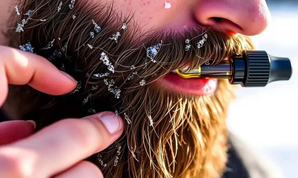 A close-up of a well-groomed beard in winter, showing healthy, moisturized facial hair with subtle frost on the tips, set against a soft snowy background. A man's hands gently apply beard oil using a dropper, with natural winter light casting soft shadows. The beard appears full, shiny, and free of dryness or breakage, emphasizing hydration and care.
