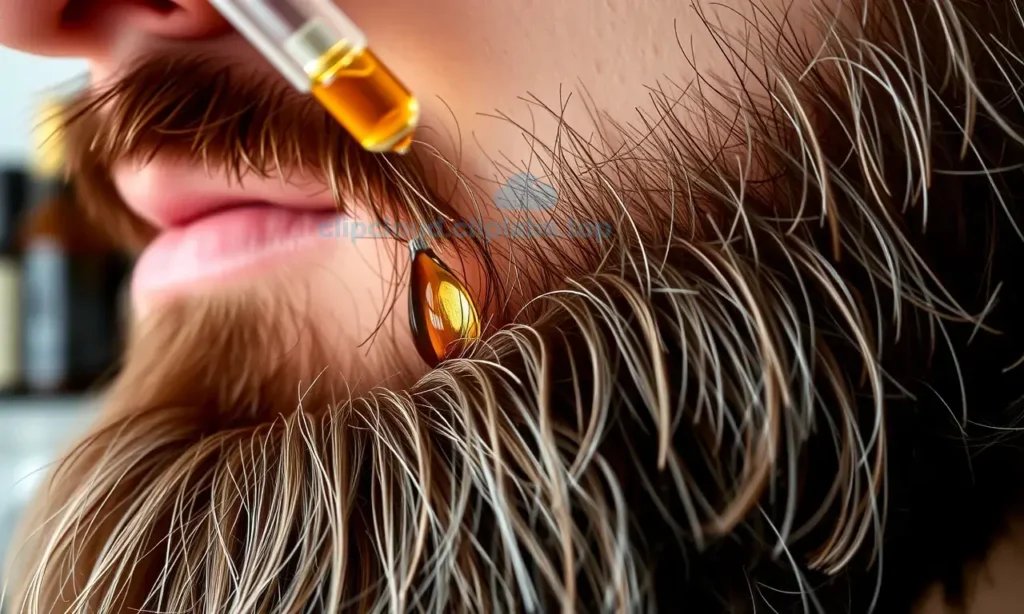 A close-up of a well-groomed beard with a few drops of premium beard oil being applied, showing natural hair texture and subtle shine, soft natural lighting, realistic skin and hair detail, no text or labels visible
