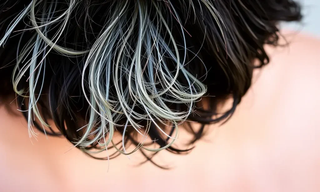 A close-up of a man's beard showing darker hair at the roots and lighter hair at the tips, with natural lighting highlighting the gradient effect, soft focus background, realistic skin texture, no text or symbols