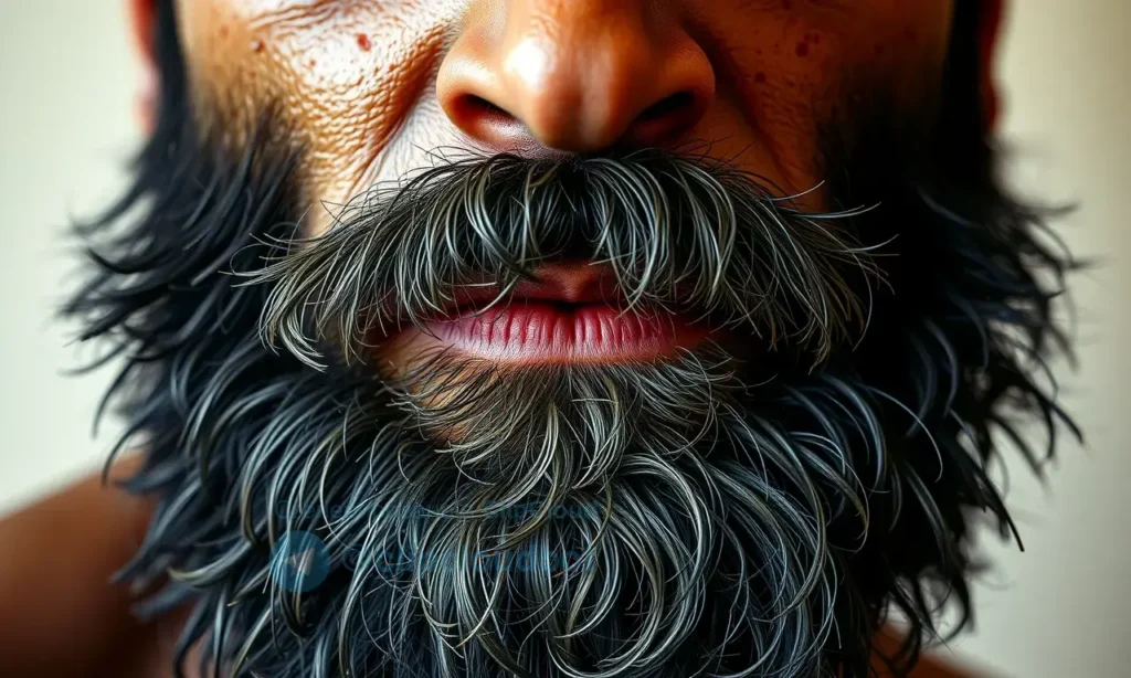 A close-up portrait of a man with oily skin and a dense, well-groomed beard, showing natural lighting and realistic skin texture, no text or symbols on the face