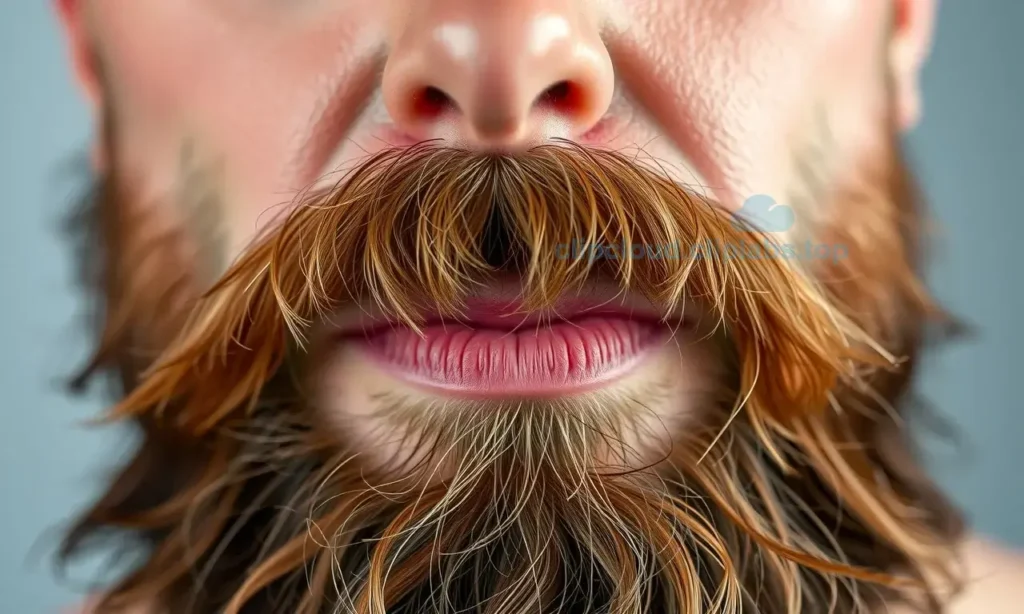 A close-up portrait of a man with oily skin and a thick, well-groomed beard, showing natural facial hair growth on oily skin, realistic skin texture with subtle shine, detailed beard strands, neutral background, no text or symbols