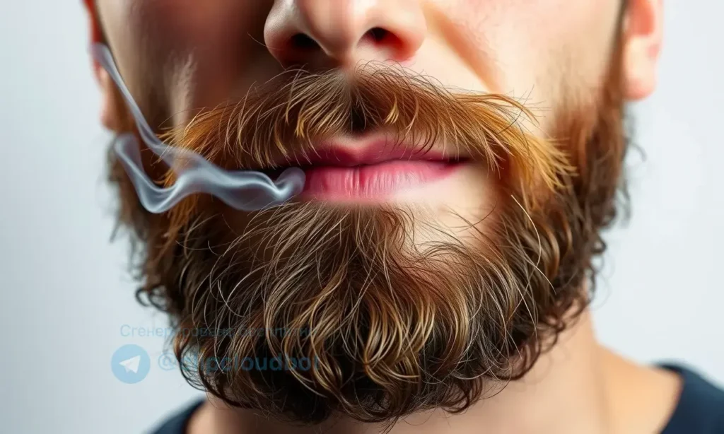 A close-up of a man's face with a noticeable beard, showing a subtle wisp of smoke or faint haze near the beard to symbolize tobacco odor, with a clean, well-lit background; the image should focus on the beard area without any text, letters, or digits, and avoid any explicit smoking imagery or people smoking
