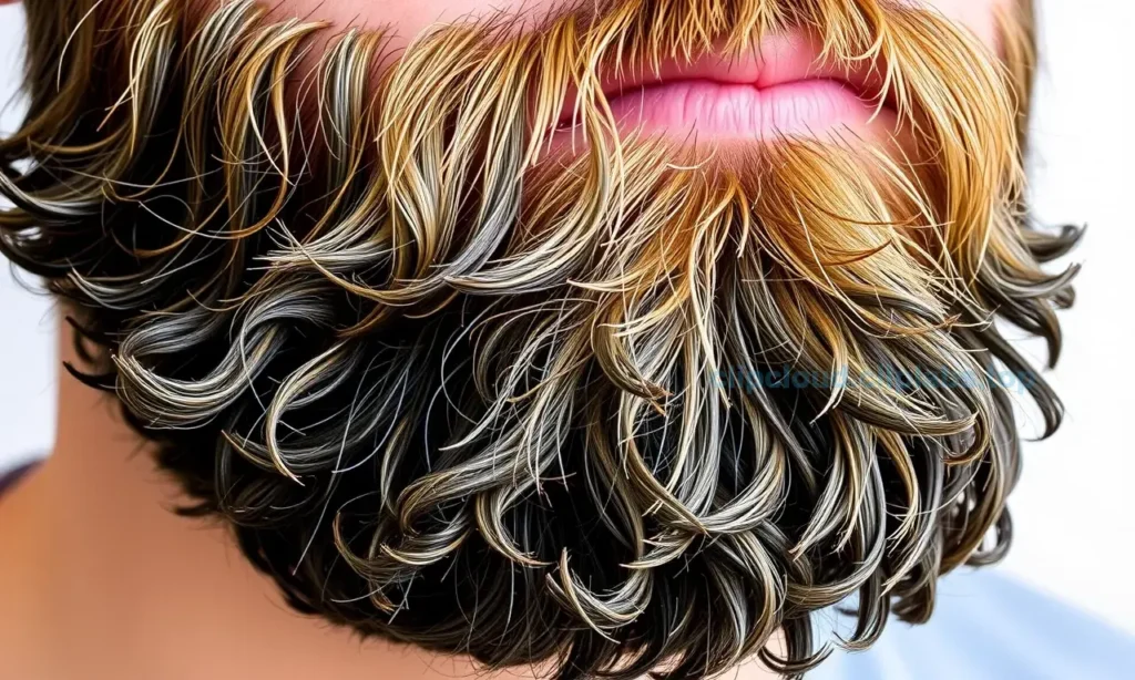 A close-up of a well-groomed beard with dry tips, highlighting the contrast between the healthy, moisturized skin and the dry, brittle ends of the beard. The beard should appear natural and well-maintained, with a focus on the texture and condition of the hair. The background should be neutral to keep the focus on the beard.