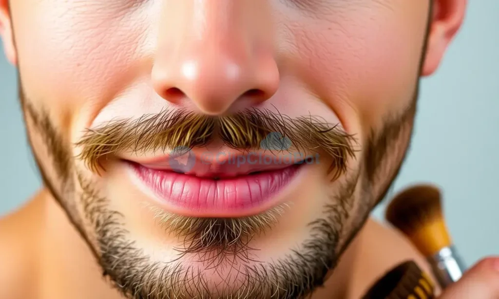 A close-up of a well-groomed man with a neatly trimmed short beard, clean-shaven cheeks, and smooth skin, showing a confident and relaxed expression, soft natural lighting, realistic skin texture, and subtle grooming tools like a brush or comb nearby, no text or symbols on the face