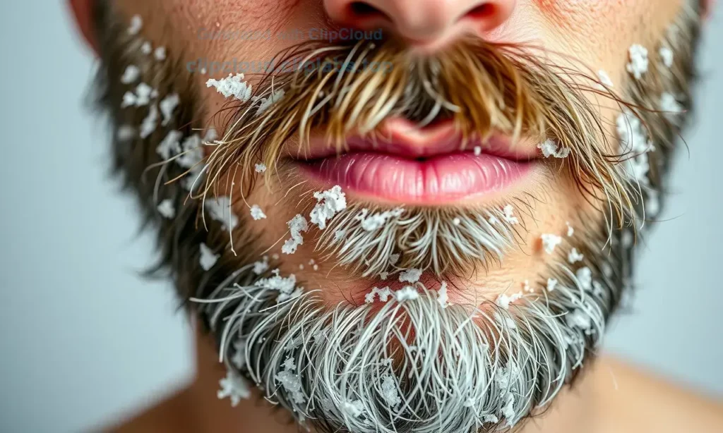A close-up of a man's face and beard showing visible flakes of dandruff on the skin and beard hair, realistic skin texture with dry, scaly patches, natural lighting, no text or symbols on the skin, no medical diagrams or labels