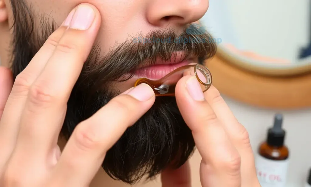 A close-up of a man's beard with natural hair oil being gently applied using fingertips, showing healthy facial hair texture, soft lighting, and a subtle background of a wooden vanity with a small bottle of hair oil nearby, no text or labels visible