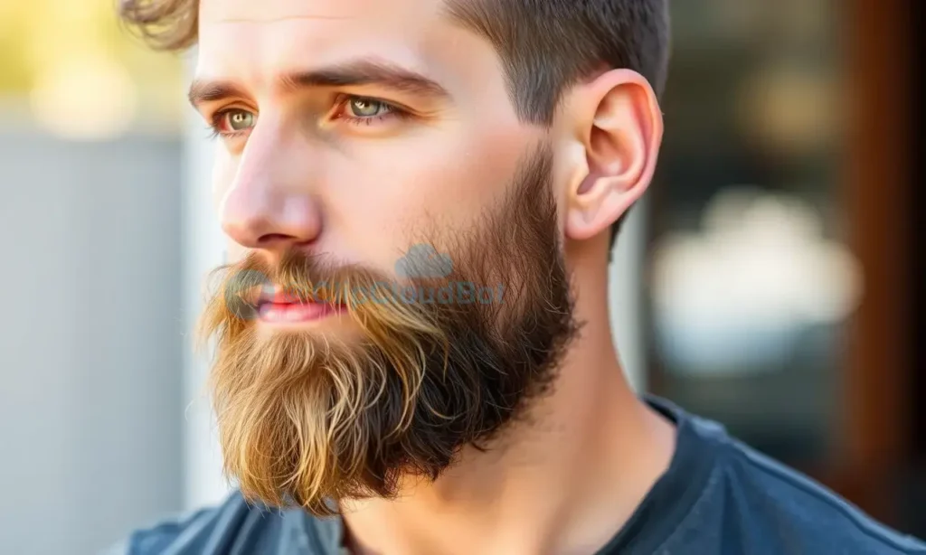 A man with a neatly trimmed beard, looking healthy and well-groomed, standing outdoors in natural light, wearing casual clothing, with a clean and tidy appearance, no visible skin irritation or beard dandruff, showing the results of proper beard care and preparation for growth