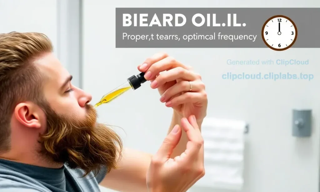A bearded man in a clean, well-lit bathroom applying beard oil to his beard with a dropper bottle, showing a clear, step-by-step illustration of proper beard oil application technique, with visible oil droplets on the beard and a timer or calendar in the background indicating optimal frequency, no text on image, no extra characters, no digits, no letters beyond the visual elements