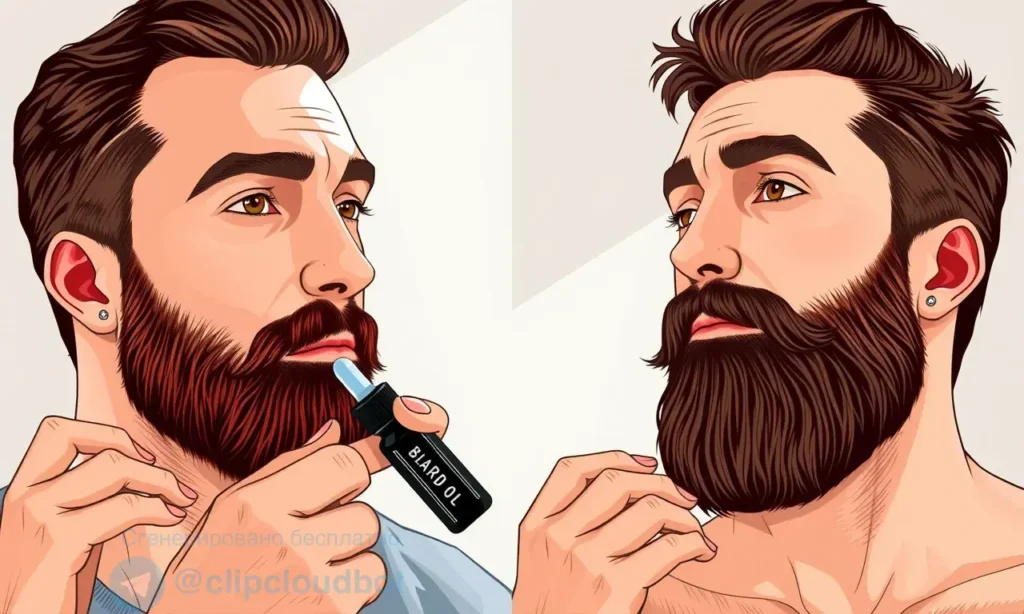 A high-quality comparison illustration showing a split scene: left side a man applying beard oil in the morning with a fresh, clean look, right side the same man applying beard wax in the evening with a styled, textured beard, both sides showing natural lighting and realistic grooming tools like a dropper and tin, no text or letters on the image, clean background, detailed skin and hair texture, professional grooming aesthetic
