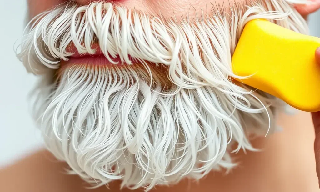 A close-up of a man's silver beard with natural yellowish tint being gently removed by a soft brush or sponge, showing clean, bright silver strands without any dye or colorants, realistic skin texture, natural lighting, no text or symbols on the beard