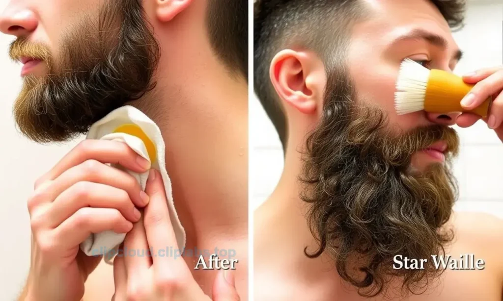 A person cleaning wax from their beard using a soft cloth or brush, with water droplets and a clean, clear beard visible. Show the process of gently wiping away melted wax without leaving residue, in a well-lit bathroom setting.