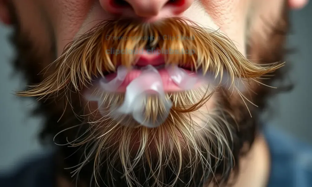 A close-up of a man's beard and mustache with visible signs of odor, such as a faint mist or subtle visual cues indicating unpleasant smell, clean background, realistic detail, high quality