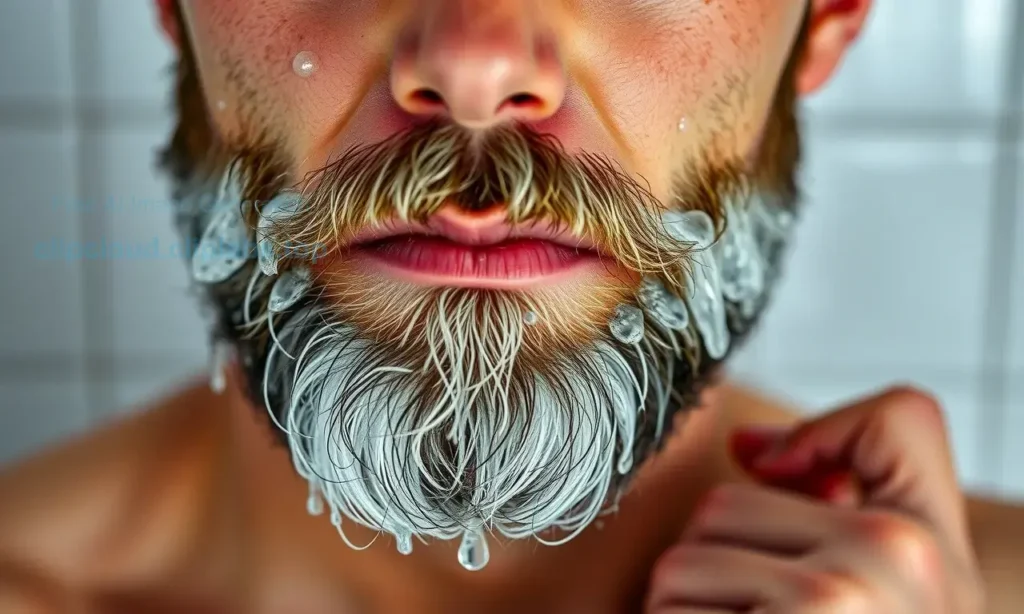 A man with a freshly washed beard that still appears dirty, showing water droplets and residual dirt particles on the beard hairs, with a clean face and hands holding a towel nearby, realistic lighting and textures