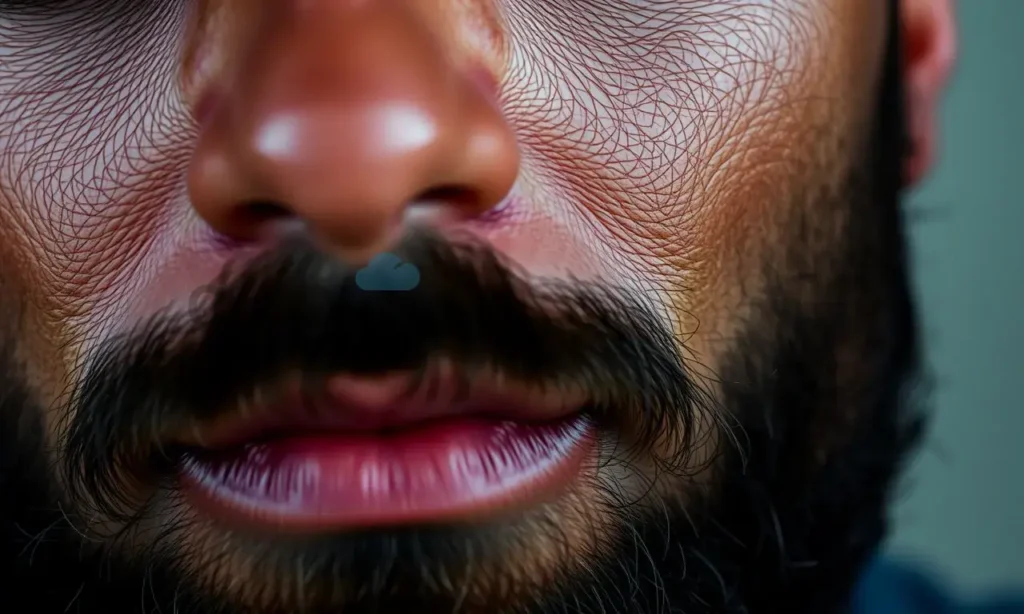 A close-up of a man's face with a beard, showing darker skin under the beard compared to the surrounding facial skin, with soft natural lighting, realistic skin texture, and subtle contrast highlighting the discoloration, no text or symbols visible