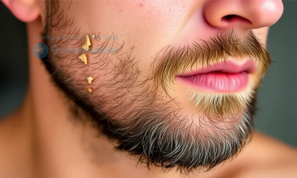 A close-up of a man's face showing the skin under the beard with visible dryness, flaking, and mild redness, emphasizing itchy and irritated areas; soft natural lighting, realistic skin texture, no facial hair covering the affected zones, focus on the jawline and neck area where beard grows