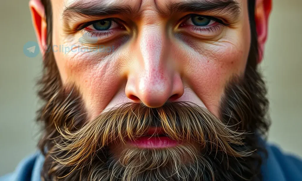 A close-up portrait of a man with a full, thick beard growing on a face with oily skin, showing determination and patience, realistic skin texture, natural lighting, no text or symbols
