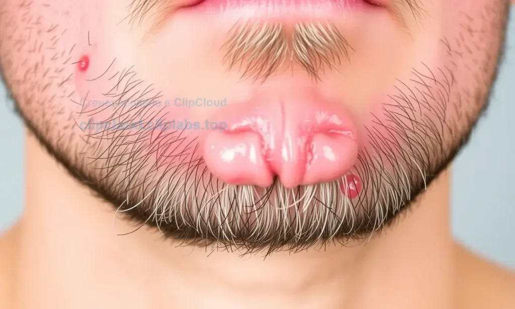 A close-up of a person's chin and jawline with visible beard stubble, showing signs of irritation such as redness, dry patches, and minor inflammation. The skin appears tight and uncomfortable, with a focus on the area under the beard. The image should highlight the need for proper skincare, including gentle cleansing, moisturizing, and soothing treatments. Soft lighting to emphasize texture and detail.