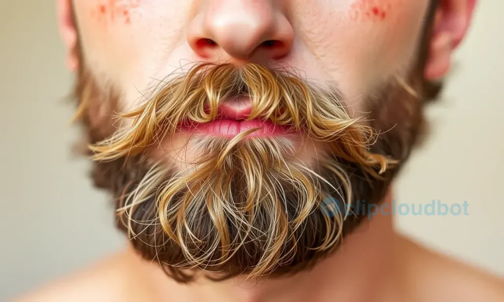 A close-up of a man's face showing a beard that appears messy and unkempt despite daily grooming, with stray hairs, uneven texture, and visible skin irritation, set against a soft neutral background to emphasize the beard's condition