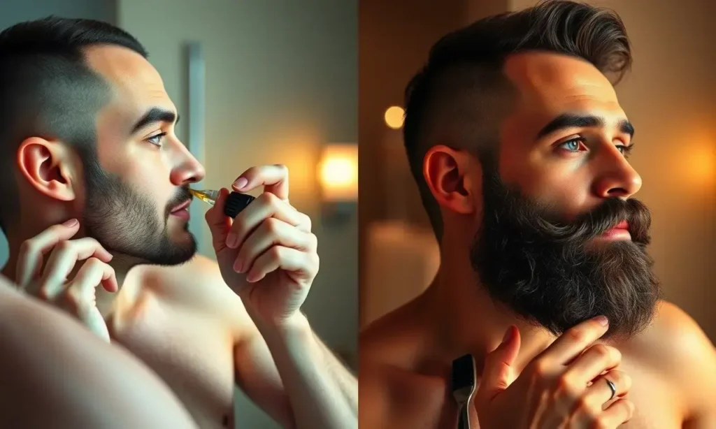 A clean-shaven man applying beard oil in the morning and a man with a full beard using beard wax in the evening, both shown in a well-lit bathroom setting with natural morning light and evening ambient lighting, realistic skin texture, detailed grooming tools, no text or symbols on skin