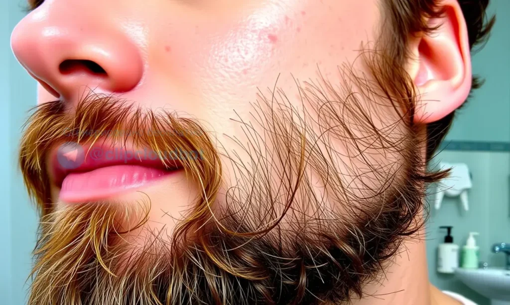 A close-up of a man with a well-groomed beard, clear healthy skin on his face, using gentle beard care products, avoiding irritation, with a clean bathroom or grooming area in the background
