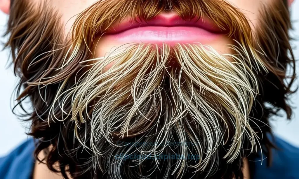 A close-up of a beard with darker roots and lighter tips, showing natural color variation. The beard should appear healthy, well-groomed, and evenly textured. Include subtle shading to highlight the contrast between the darker roots and lighter ends, emphasizing a natural and balanced color transition.