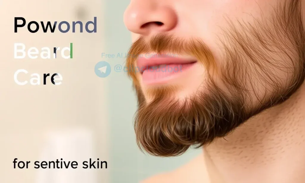 A close-up of a man with a well-groomed beard, showing healthy skin on his face, with a clean bathroom or natural setting background, soft lighting, no text or numbers visible, emphasizing proper beard care for sensitive skin