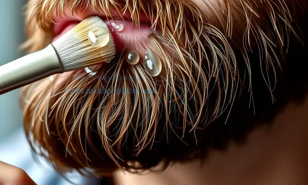 A close-up of a well-groomed man's beard with visible droplets of clear beard wax being carefully applied using a small brush, emphasizing precise dosing on individual hair strands, natural lighting, realistic texture of wax and hair, high detail, 1280x720 resolution