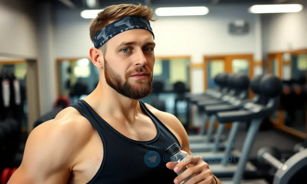 A clean-shaven man with a well-groomed short beard, wearing a sports headband and holding a water bottle, standing in a modern gym with dumbbells and a treadmill in the background, bright lighting, realistic detail