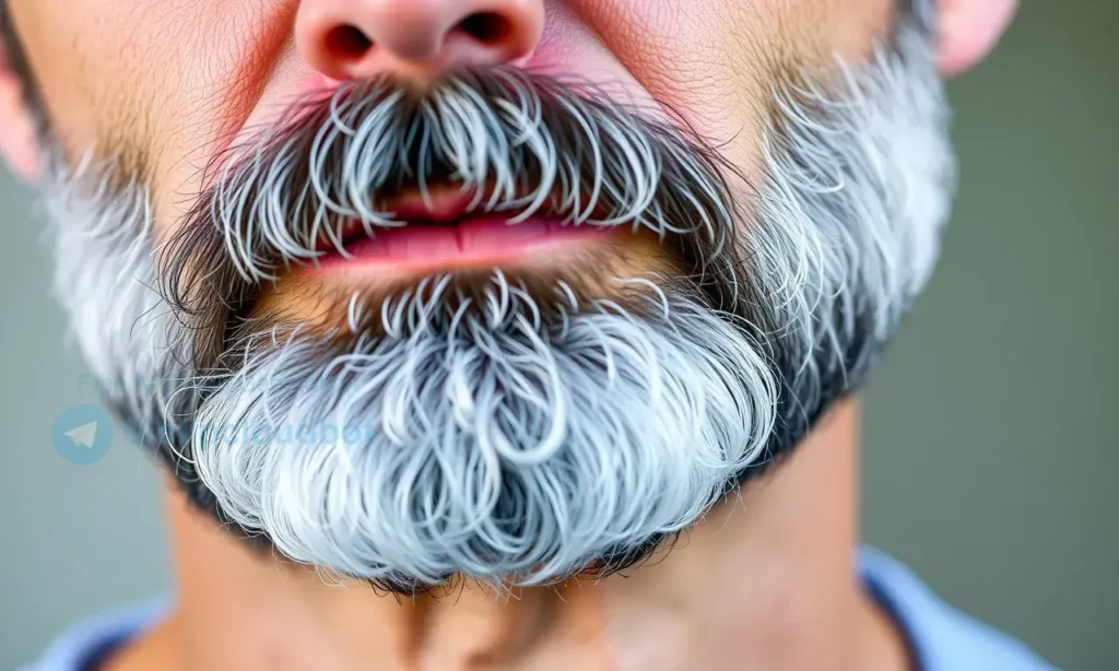 A close-up of a man's face showing a partially gray beard that appears earlier than the hair on his scalp, with natural lighting highlighting the contrast between the gray beard and darker scalp hair, realistic skin texture, no text or symbols