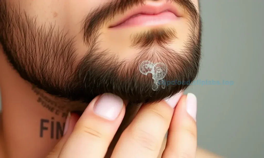 A close-up of a man's beard area showing healthy, well-hydrated skin beneath the beard. The skin should appear smooth, free of redness or irritation, with a natural, balanced complexion. Include subtle signs of proper care such as a light moisturizer or oil being applied gently to the skin under the beard. The background should be neutral and soft to keep focus on the skin and beard.