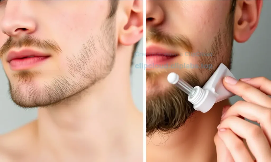 A person with freshly trimmed beard and mustache, showing smooth skin around the jawline and chin. The skin appears slightly dry with visible flakes and tightness. Include a close-up view of the beard area with subtle signs of irritation and redness. Show a hand applying a moisturizing cream or balm to the skin, emphasizing hydration and relief. Use soft lighting to highlight skin texture and product details.
