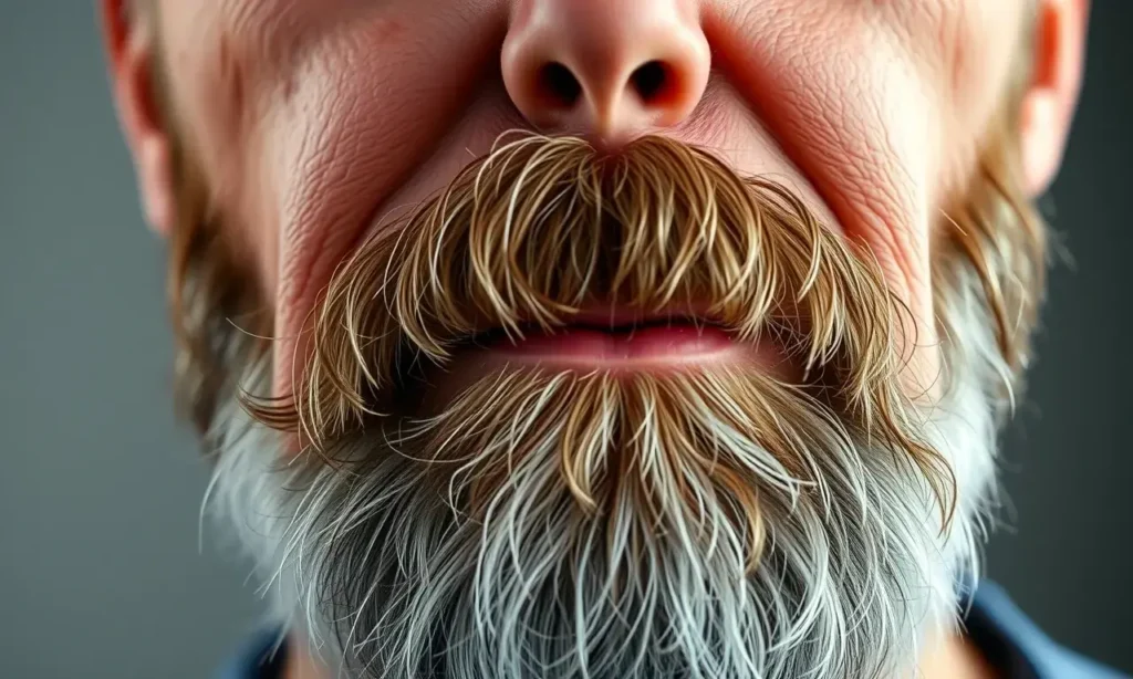A close-up realistic photograph of a man's face showing a slowly growing beard after age 35, with visible skin texture and subtle signs of aging, natural lighting, high detail, no text or symbols on the face