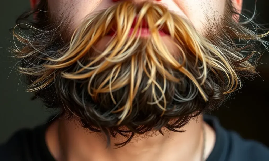 A close-up of a man's face with a fluffy, unruly beard sticking out in multiple directions, showing individual hairs flying away from the main mass, soft natural lighting, realistic skin texture, subtle shadows under the chin, no facial expression emphasis, focus on beard texture and flyaway hairs