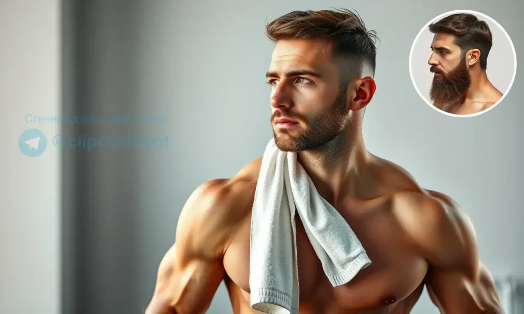 A clean-shaven athlete mid-exercise with a towel around his neck, showing a well-groomed beard on a separate model in the background, symbolizing proper beard care during workouts and sweat management, high quality, detailed, realistic