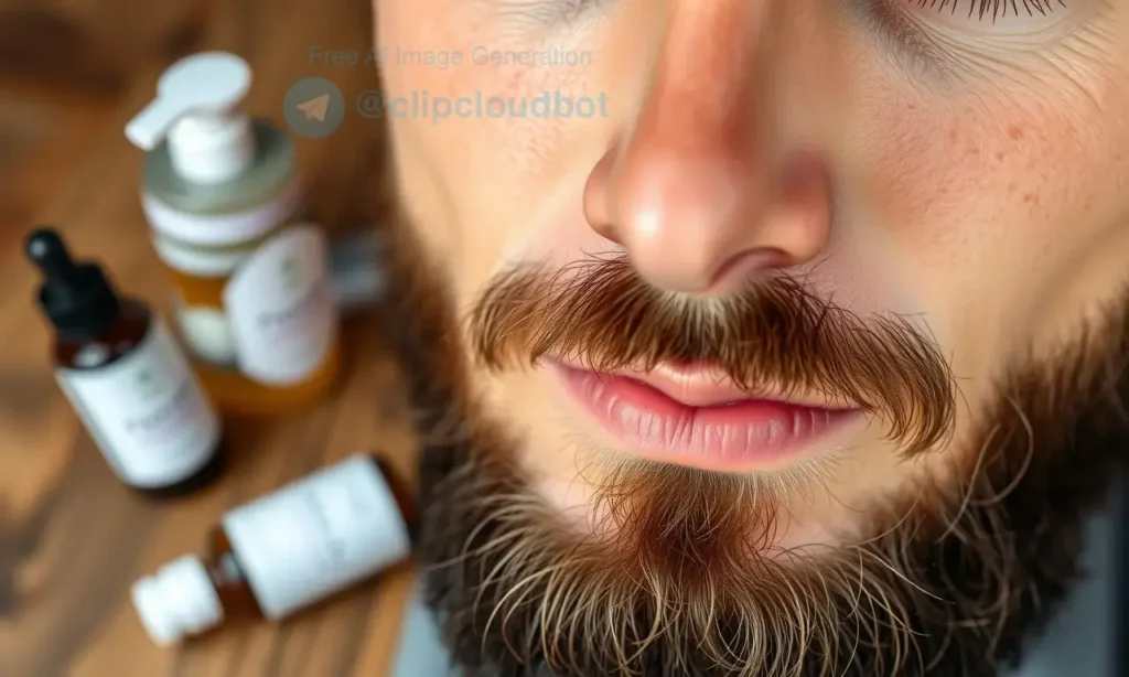 A close-up of a man's face with a well-groomed beard, showing healthy facial hair growth on dry and sensitive skin, with subtle moisturizing products like beard oil and gentle cleanser visible on a wooden surface nearby, soft natural lighting, realistic skin texture, no irritation or redness, peaceful expression
