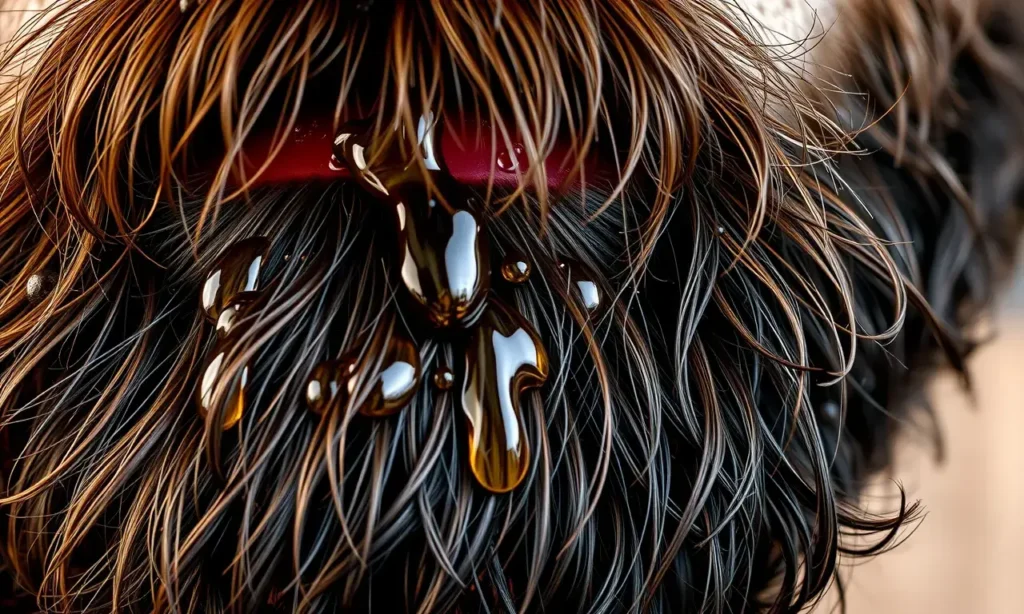 A close-up of a well-groomed man's beard with droplets of oil and wax on the hair, natural lighting, realistic texture, no text or symbols