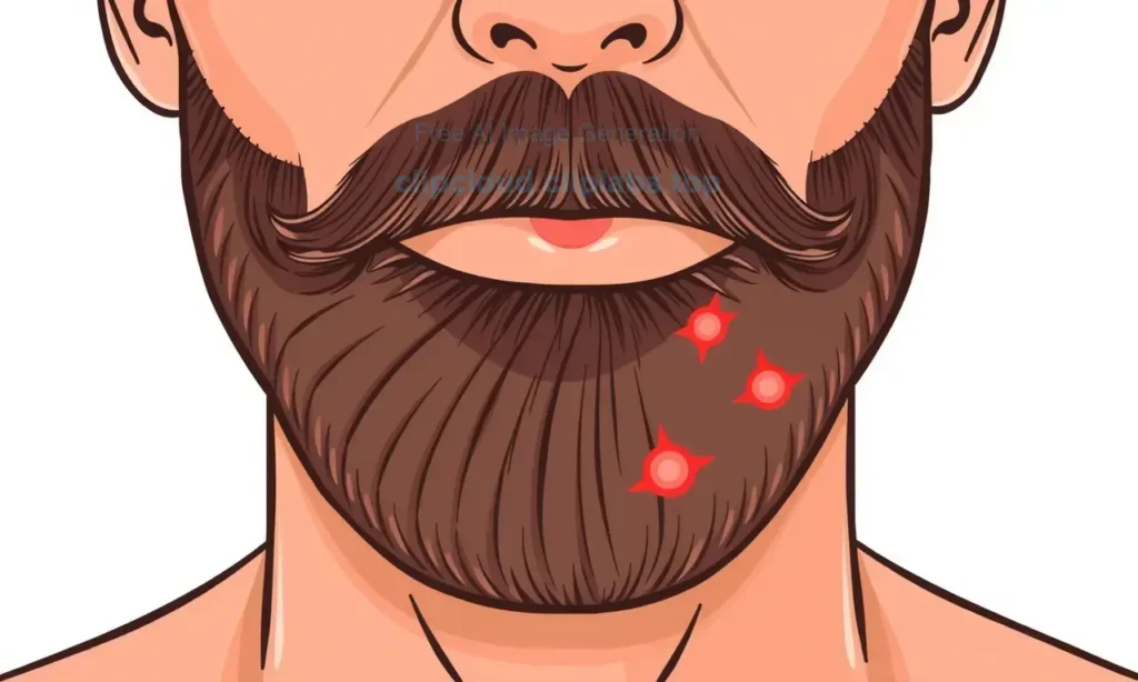 A close-up illustration showing a man's face with a beard, highlighting the skin underneath the beard area. The image should depict signs of cosmetic overload on the skin under the beard, such as redness, irritation, dryness, or clogged pores, while maintaining a healthy and clear appearance overall. The focus is on the skin condition under the beard, not the beard itself, to represent the conclusion about skin health being the foundation of an attractive beard.